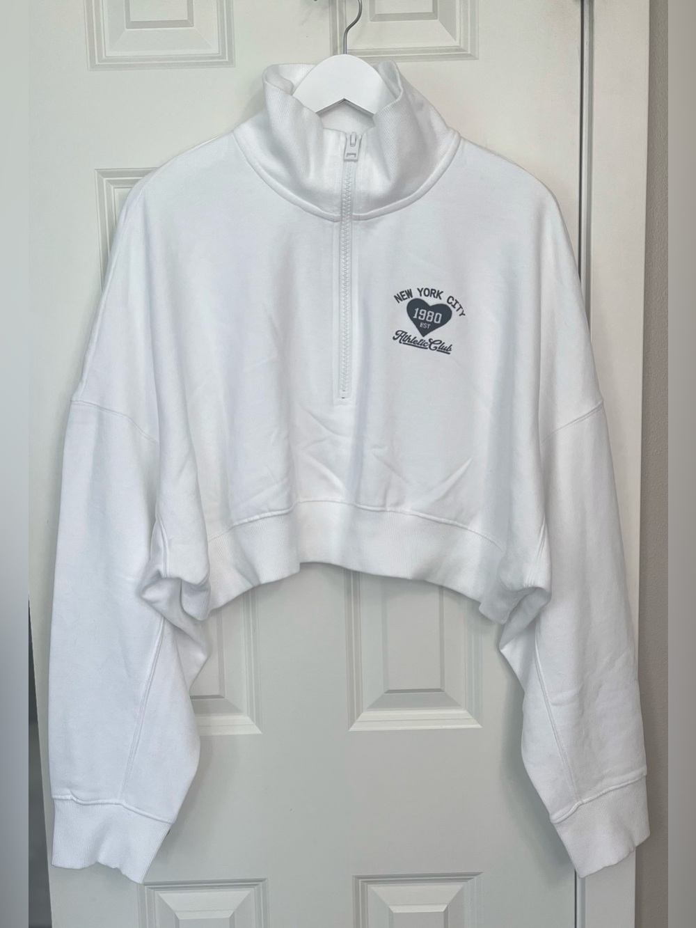 Express White Cropped Quarter-Zip Sweatshirt with NY Graphic NWT